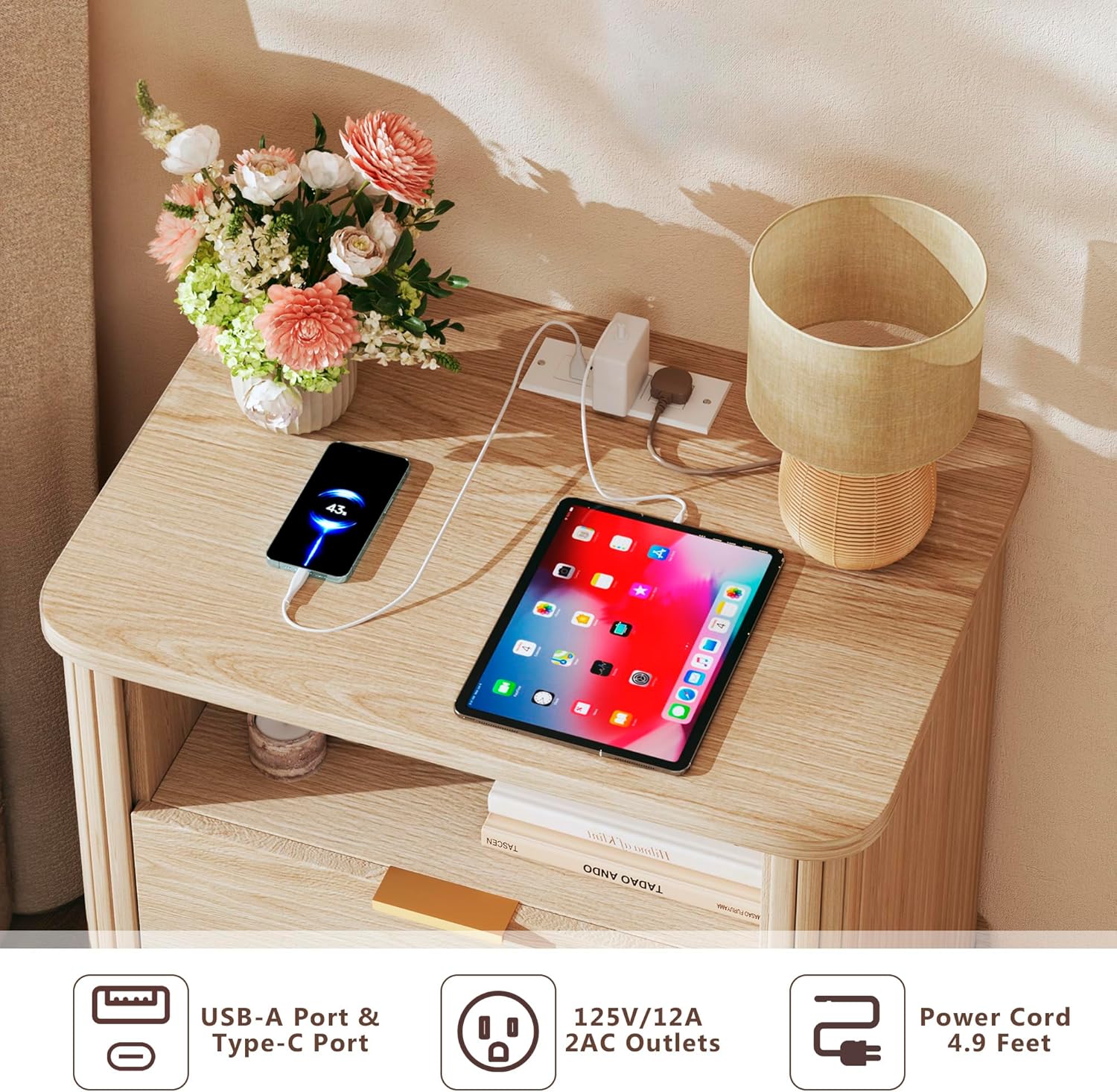 Fluted Nightstands Set of 2, Mid Century Modern Bedside Table with Drawer & Open Shelf, Curved Profile Design, Night Stand with Charging Station, End Side Table with Storage for Bedroom, Oak