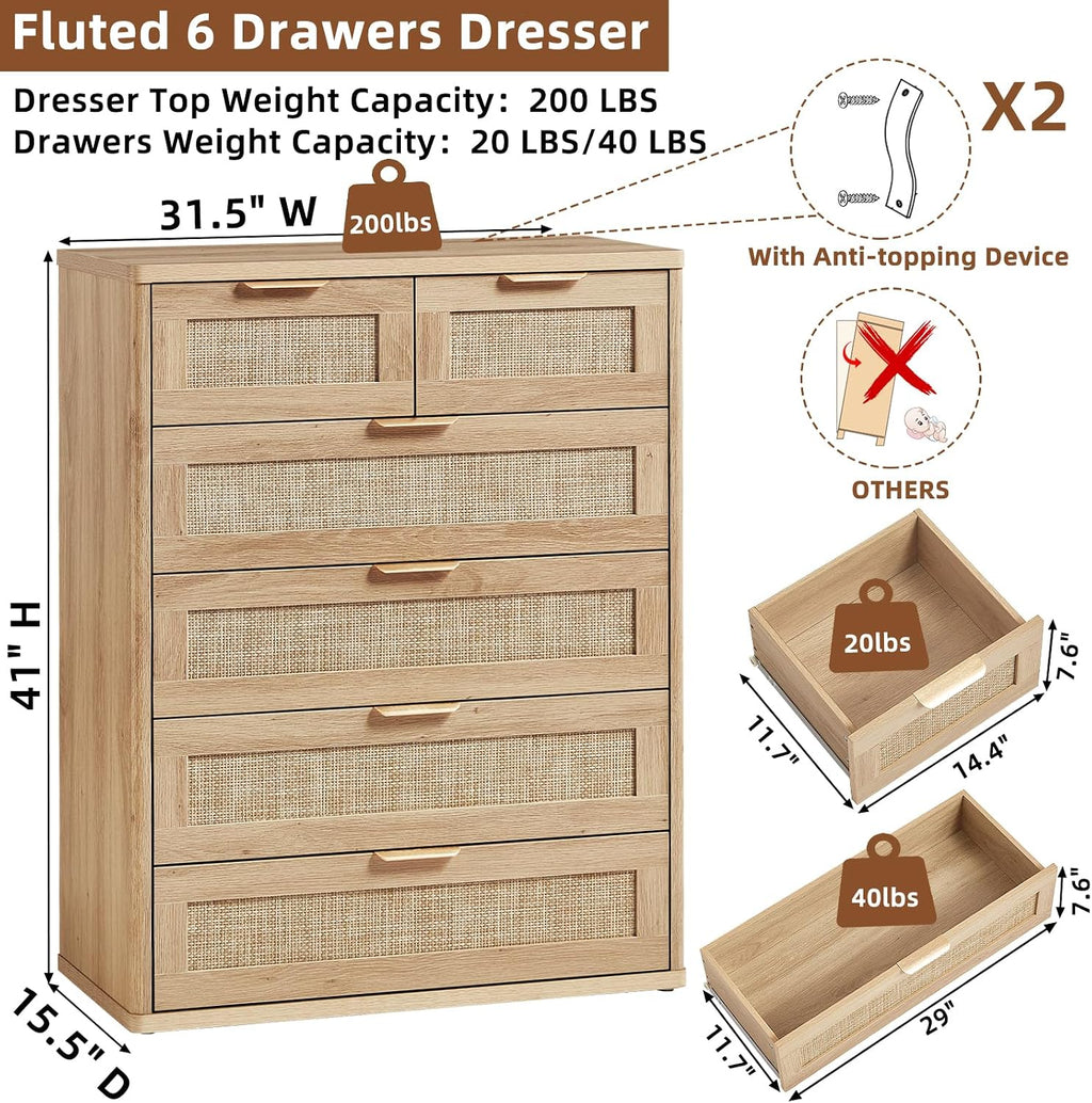 LEYAOYAO Rattan Dresser for Bedroom Set of 2, 41' Tall Chest of Drawers, Modern 6 Drawers Boho Dressers with Storage, Light Oak Dresser Wooden Closet Organizer for Living Room, Hallway, Natural Wood