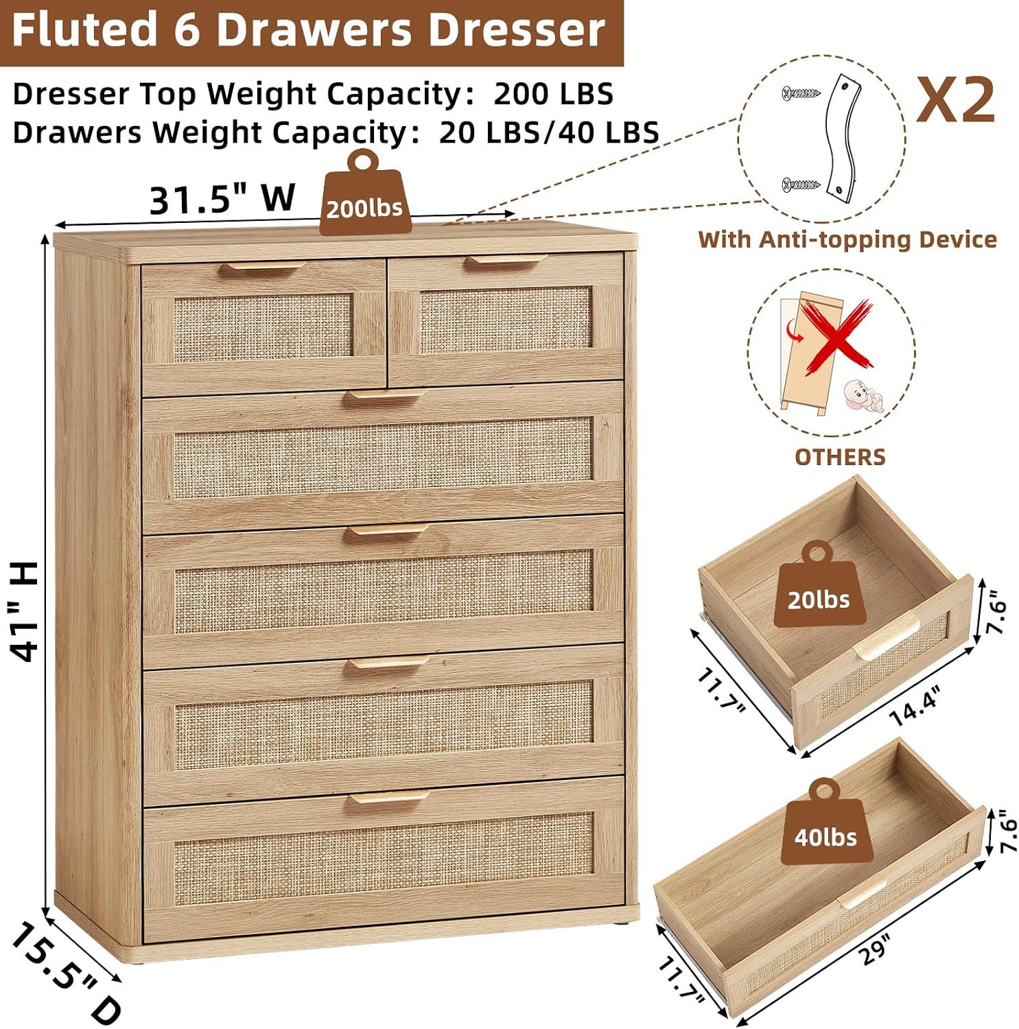 LEYAOYAO Rattan Dresser for Bedroom Set of 2, 41' Tall Chest of Drawers, Modern 6 Drawers Boho Dressers with Storage, Light Oak Dresser Wooden Closet Organizer for Living Room, Hallway, Natural Wood