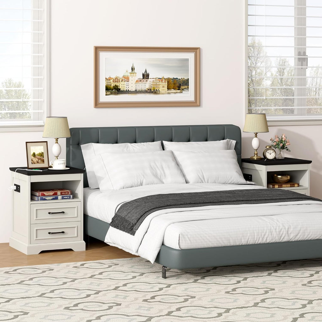 Gadroad 18' Farmhouse Accent Nightstand with Charging Station, End Table with 3 Drawers Storage, Side Table, Bedside Cabinet for LivingRoom Bedroom Office, Antique White