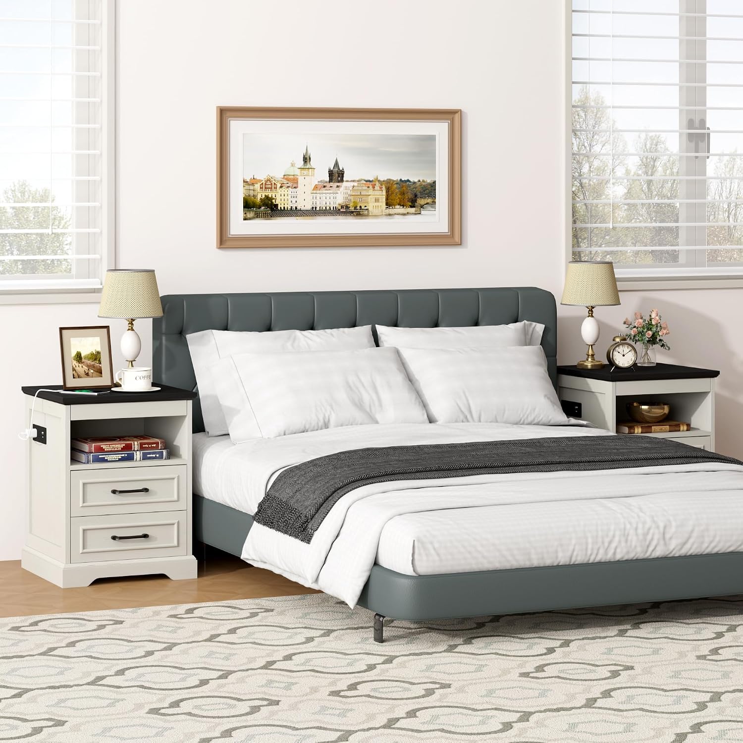 Gadroad 18' Farmhouse Accent Nightstand with Charging Station, End Table with 3 Drawers Storage, Side Table, Bedside Cabinet for LivingRoom Bedroom Office, Antique White