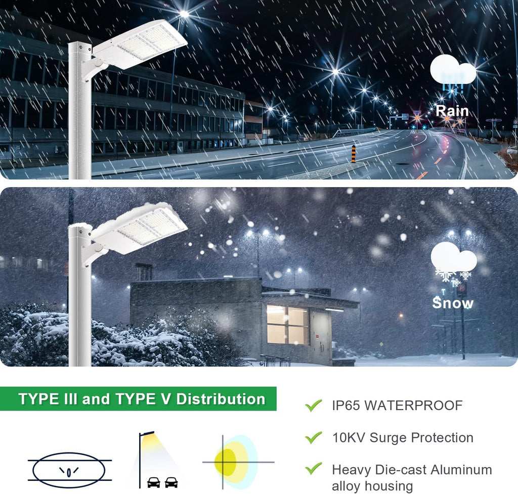 300W LED Parking Lot Lights, 42000LM(140LM/W) 5000K White LED Shoebox Street Light, Surge Protection Built-in, Dimmable Outdoor Commercial Area Lighting, IP65 Waterproof, AC100-277V, UL Listed