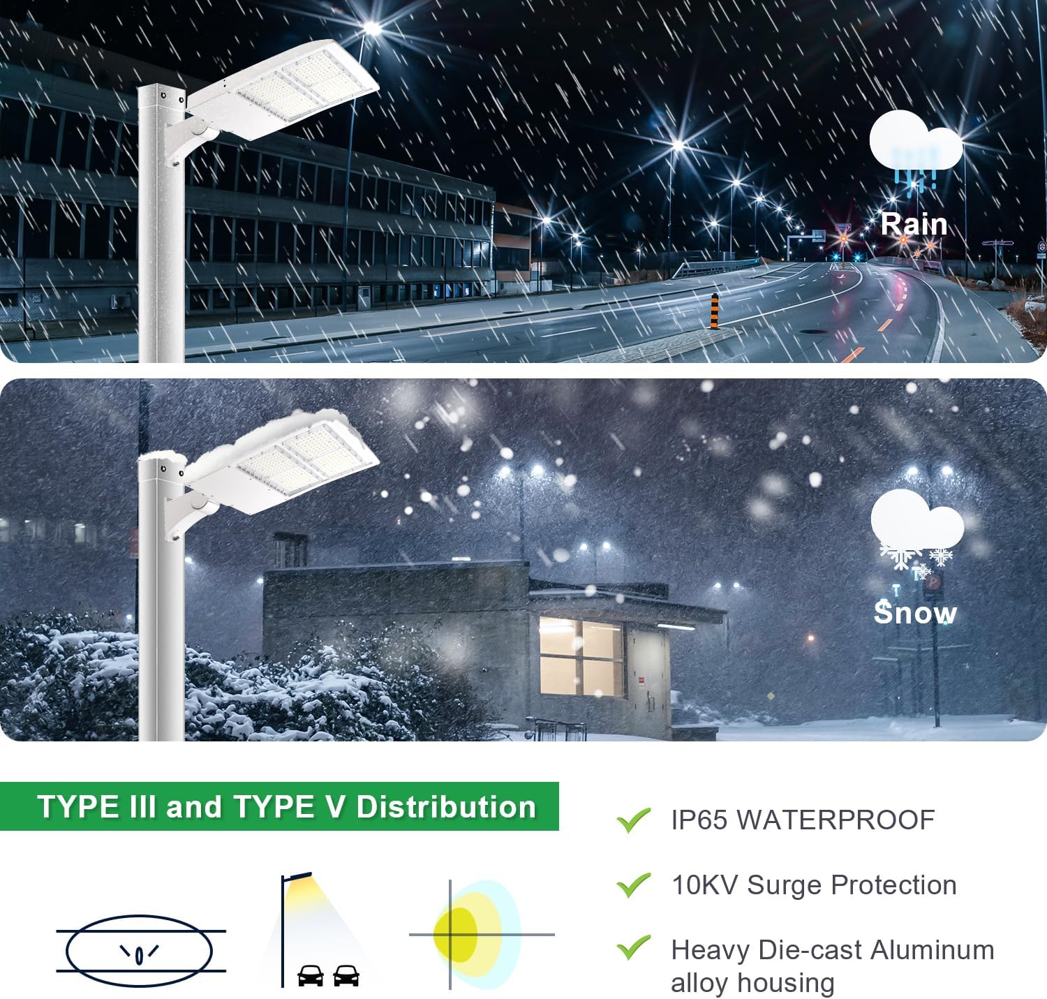 300W LED Parking Lot Lights, 42000LM(140LM/W) 5000K White LED Shoebox Street Light, Surge Protection Built-in, Dimmable Outdoor Commercial Area Lighting, IP65 Waterproof, AC100-277V, UL Listed