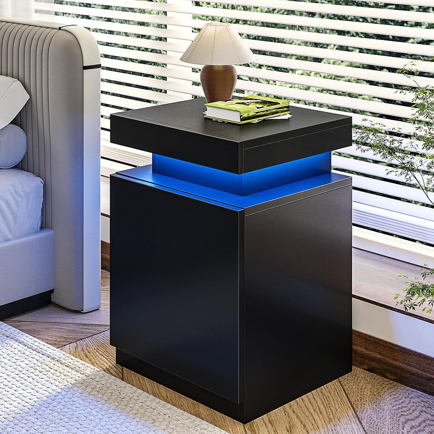 MXV Nightstand with LED Lights & Charging Station, Black Bedside Tables with USB Ports, Storage Cabinet & Drawers for Bedroom, Modern End Tables for Living Room