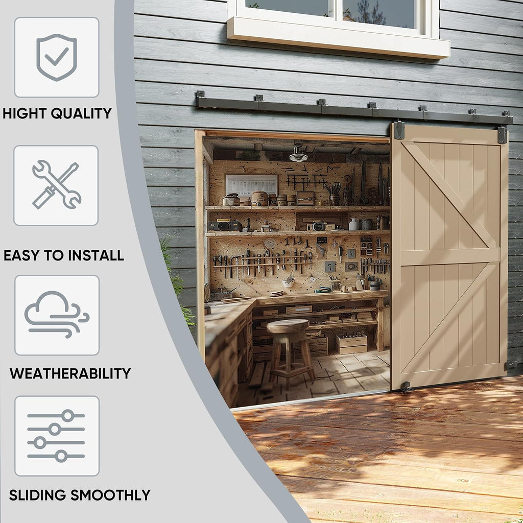 JUBEST 12FT Box Rail Exterior Barn Door Hardware Kit, Heavy-Duty Black Sliding Barn Door Track System, Wall Mount Door Hardware Kits (Door Not Included)