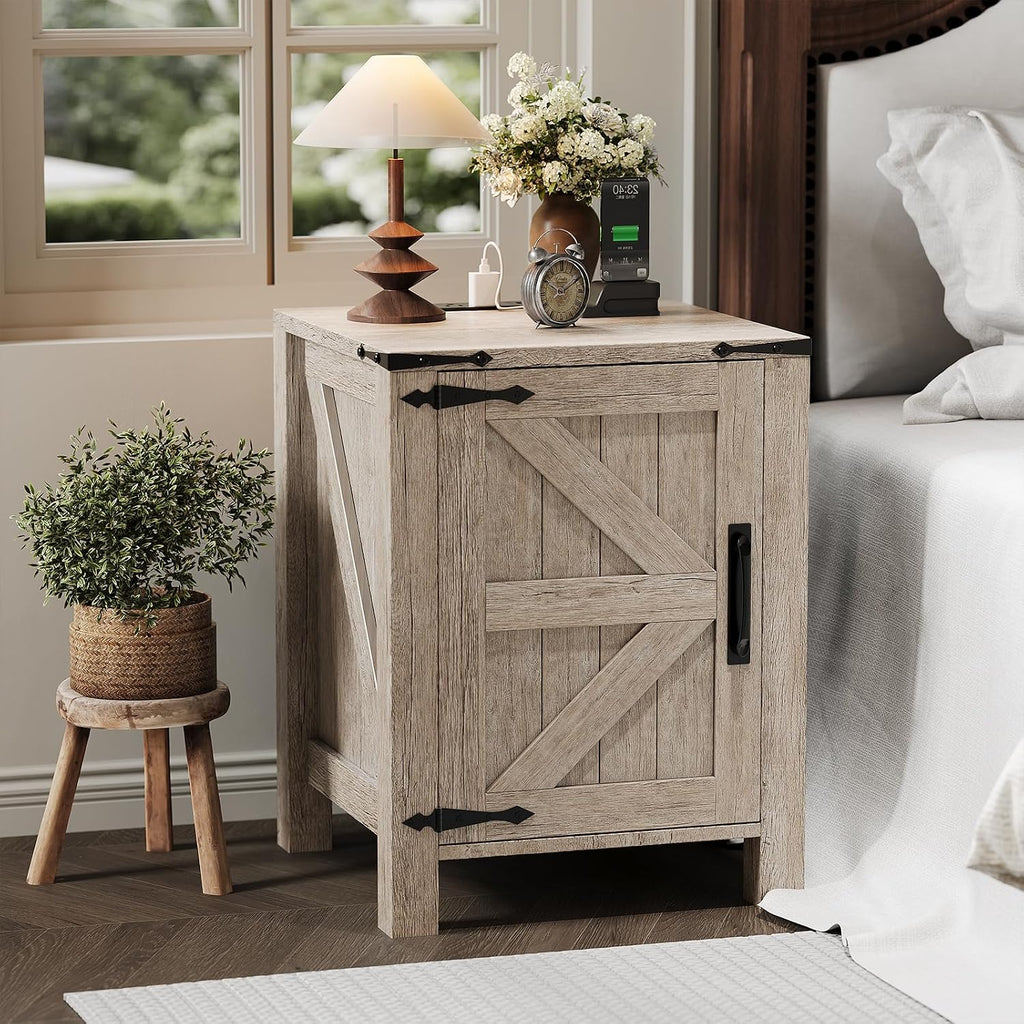Garvee Rustic Farmhouse Nightstand Set of 2 with Charging Station, Barn Door and Adjustable Storage Shelf, Wooden Small Bedside Table, 18' Modern Two-Tier Nightstand & End Table for Bedroom