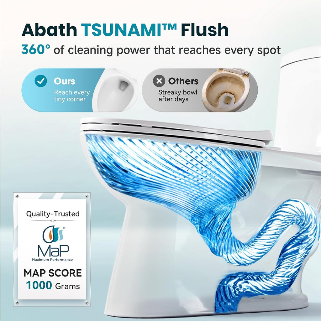 ABath 17.5' Tall Toilet Elongated with Soft Close Seat & 360° TSUNAMI Flush 0.9/1.27 GPF, WaterSense/1000g Map Certified, NANO CLEAN Ceramic, Two Piece Compact Toilets for Small Bathroom, 12' Rough in