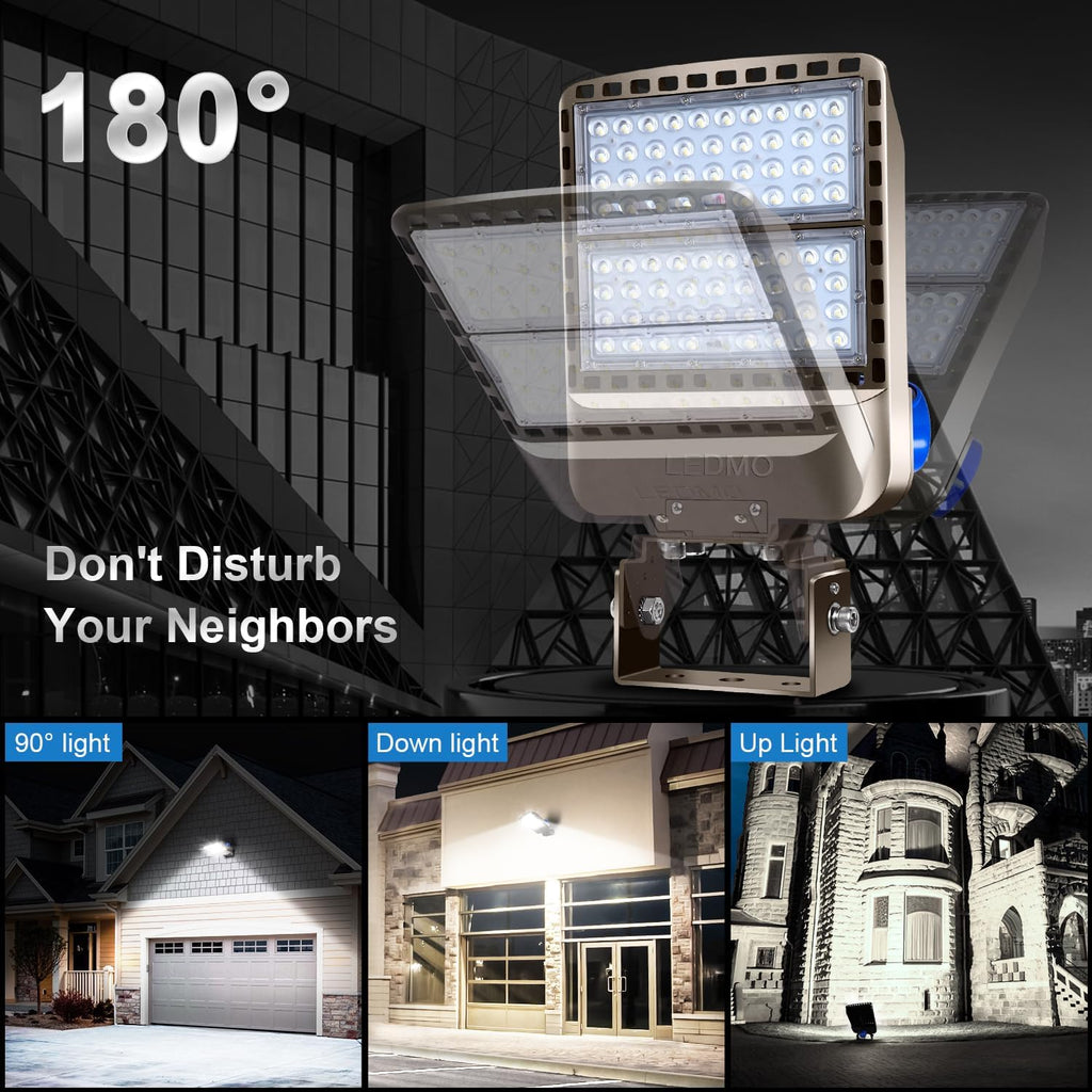 ledmo LED Parking Lot Lights 200W LED Flood Light Outdoor 28000LM 5000K Exterior Trunnion Mount Dusk to Dawn Area Commercial Street Wall Mount IP65 3 Pack Stadium Shop Barn Garage