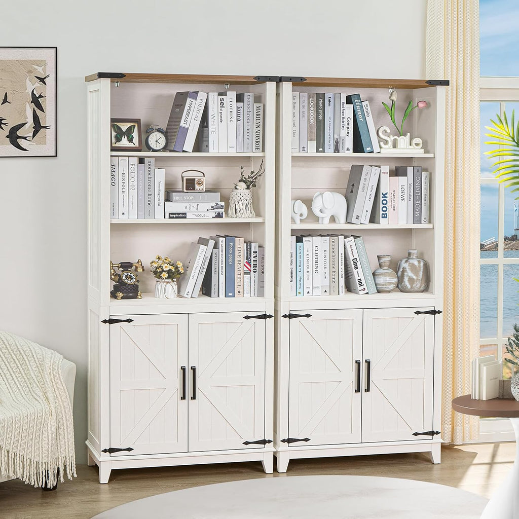 Joaxswe 5 Tier Bookshelf 70in Tall Bookcase with Barn Doors and Storage Cabinet, White Farmhouse Book Shelf with Adjustable Shelves, Wood Freestanding Display Bookshelves for Bedroom, Living Room