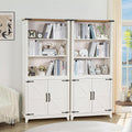 Joaxswe 5 Tier Bookshelf 70in Tall Bookcase with Barn Doors and Storage Cabinet, White Farmhouse Book Shelf with Adjustable Shelves, Wood Freestanding Display Bookshelves for Bedroom, Kitchen (2PCS)