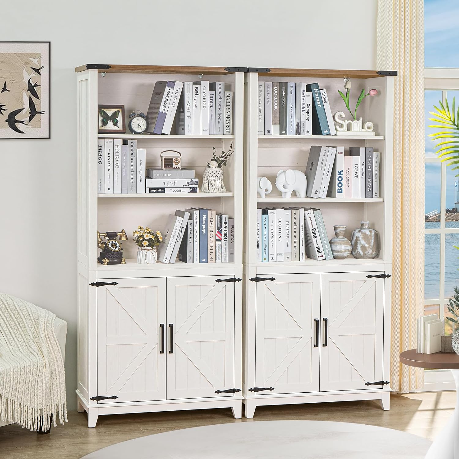Joaxswe 5 Tier Bookshelf 70in Tall Bookcase with Barn Doors and Storage Cabinet, White Farmhouse Book Shelf with Adjustable Shelves, Wood Freestanding Display Bookshelves for Bedroom, Kitchen (2PCS)