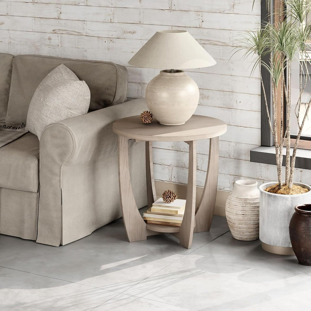 Set of 2 Rustic Farmhouse End Table with Storage Shelf, French Country Accent Side Table for Family, Dinning or Living Room, Small Spaces, Modern, Round, Vintage Grey Finish