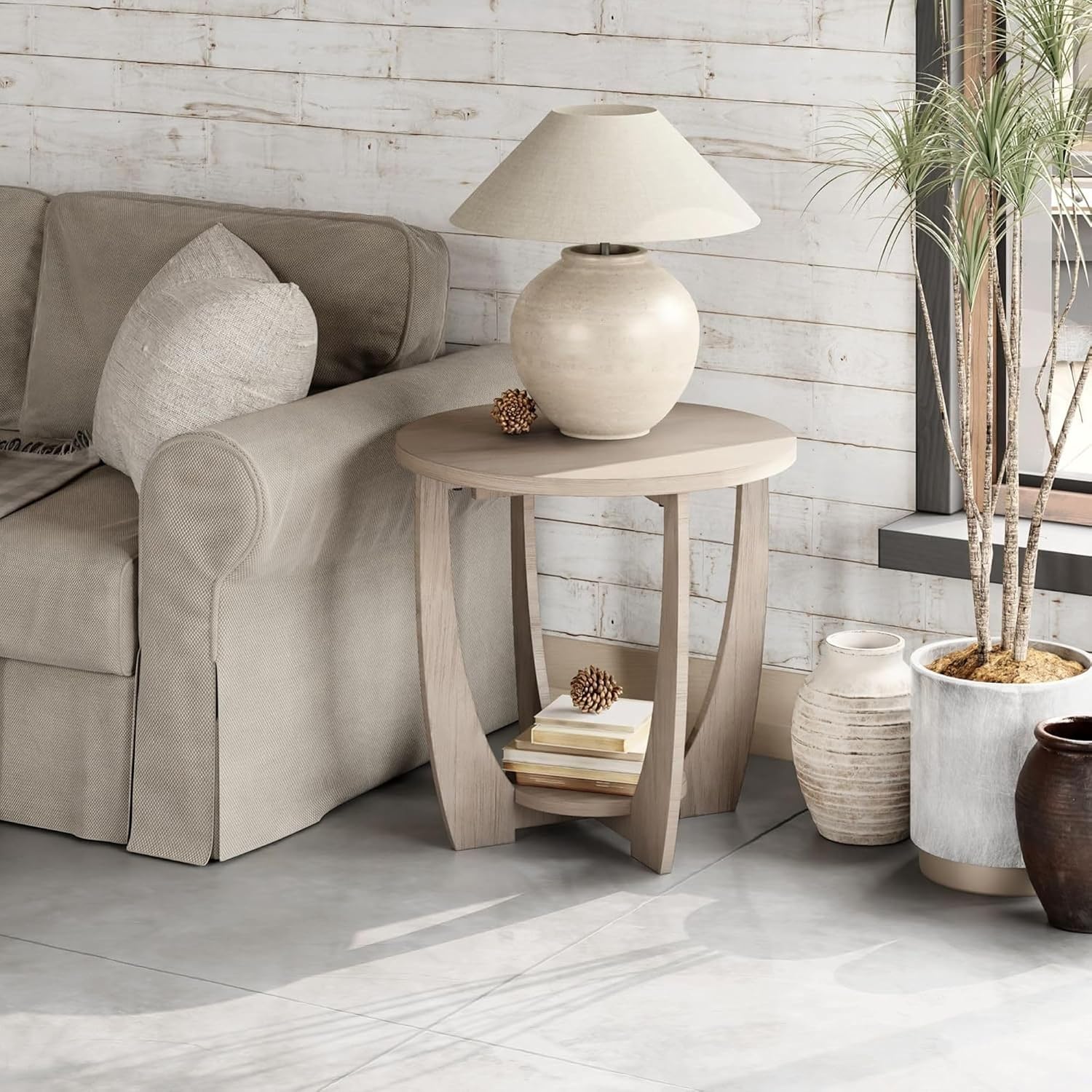 Set of 2 Rustic Farmhouse End Table with Storage Shelf, French Country Accent Side Table for Family, Dinning or Living Room, Small Spaces, Modern, Round, Vintage Grey Finish
