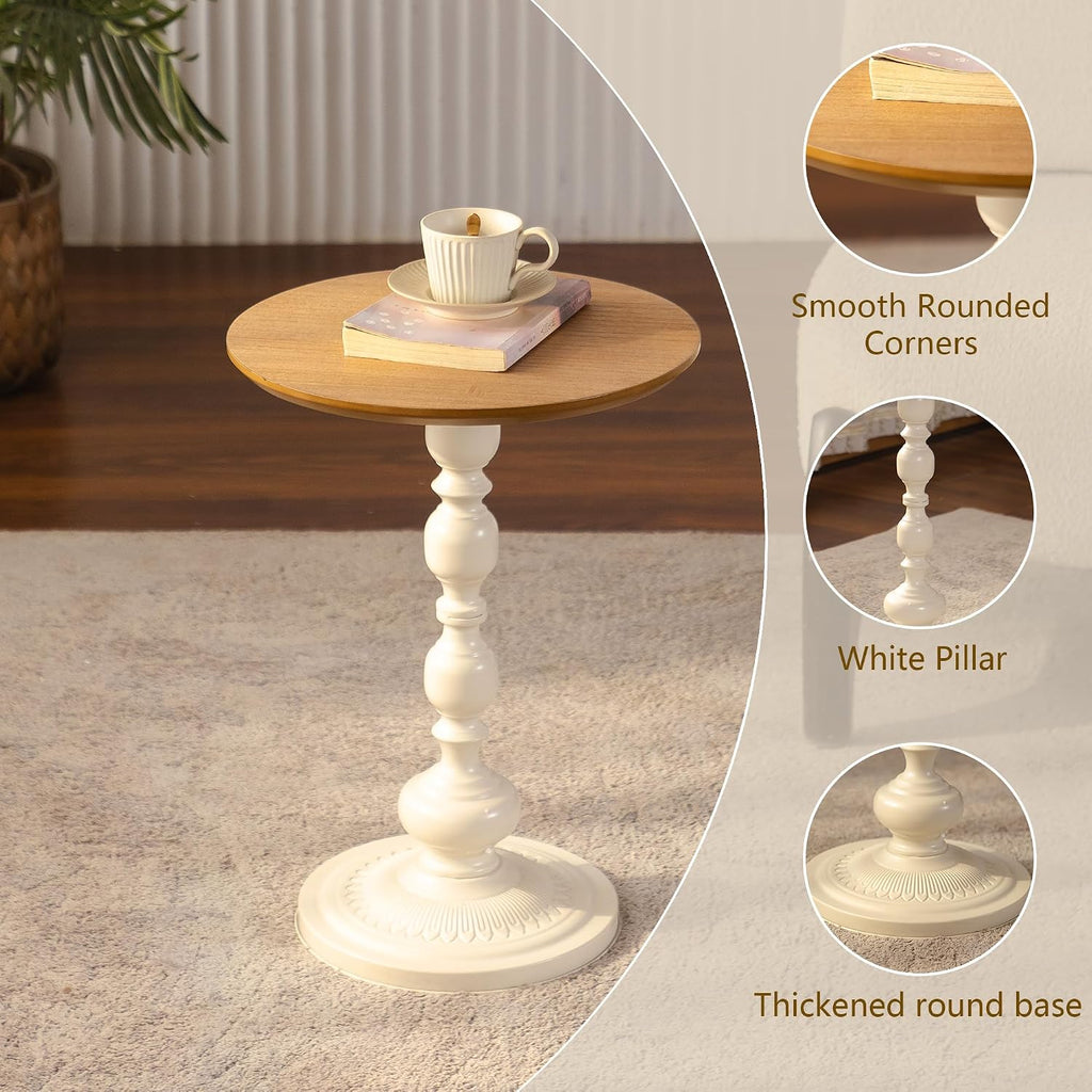 Small Round End Table, French Country Pedestal Accent Table with Wood Top & Vintage White Base, Farmhouse Side Table for Living Room, Bedroom, Small Spaces, 15.75' W x 20.87' H