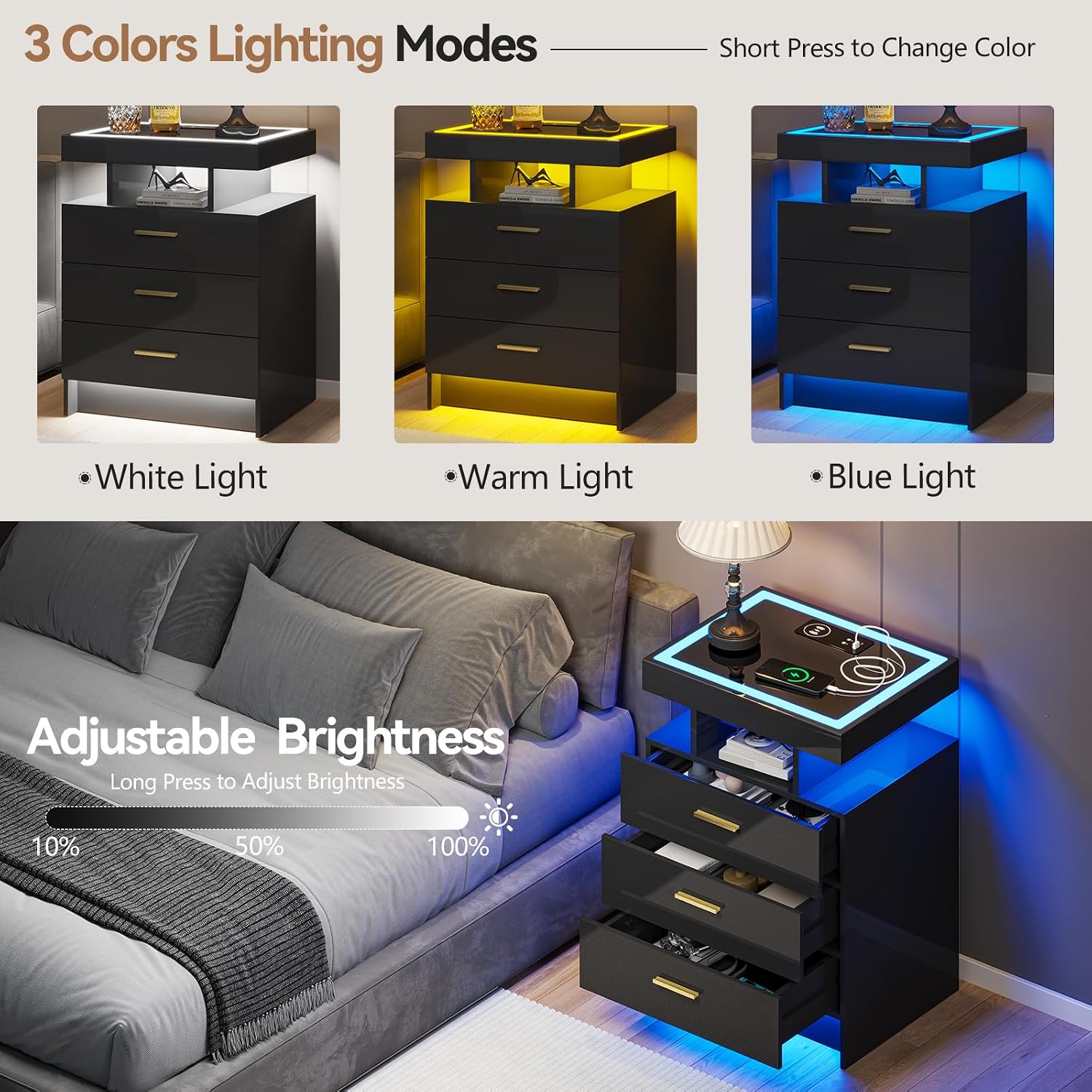 Black Night Stand with Wireless Charging Station,Smart Bedside Table with 3 Drawers,Modern Glass Top End Side Table with 3 Color Dimmable,LED Nightstand for Bedroom