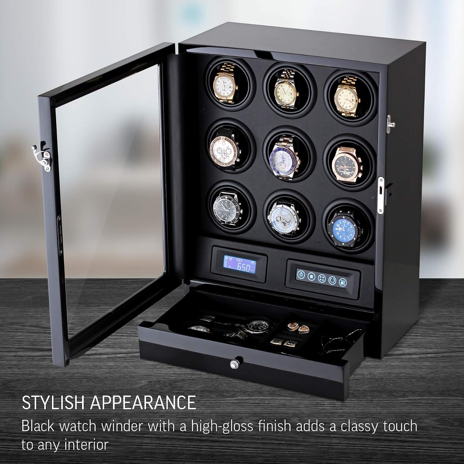 9 Watch Winder with LED Interior Light, LCD Display and 2 Watch Storage Space