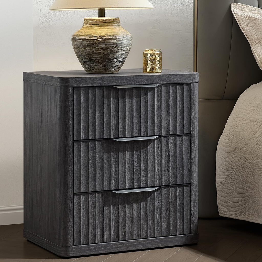 SICOTAS Night Stand Set of 2 Nightstands with 3 Drawers Storage Bedside Table Large Fluted Bed Side End Table Modern 25.6' Tall Wide Night Stands for Bedroom Living Room Sofa Couch Office