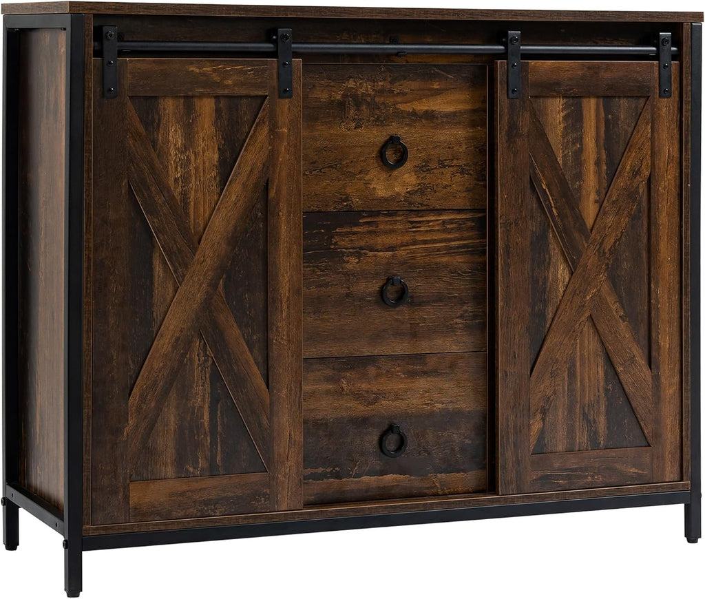 Industrial Farmhouse Buffet Cabinet, Kitchen Sideboard with Sliding Barn Doors, Three Drawers and Adjustable Shelves for Living Room, Dining Room, Rustic Brown ﻿,for The Kitchen