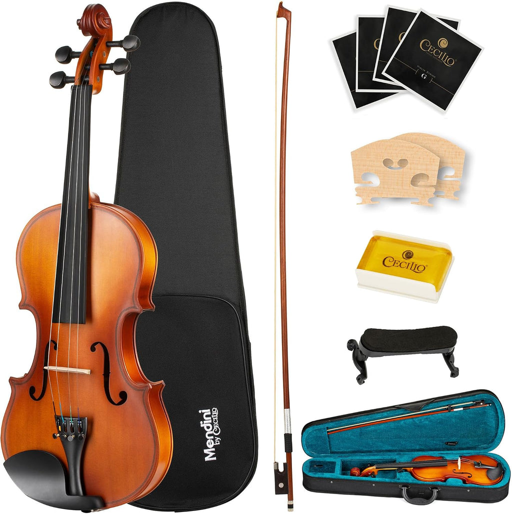 Mendini by Cecilio 3/4 Violin Set For Beginners - Hand Carved Acoustic Violins Kit - Fiddle Solid Wood Kit with Hard Case, Bow, Rosin, Shoulder Rest, Bridge and Extra Strings