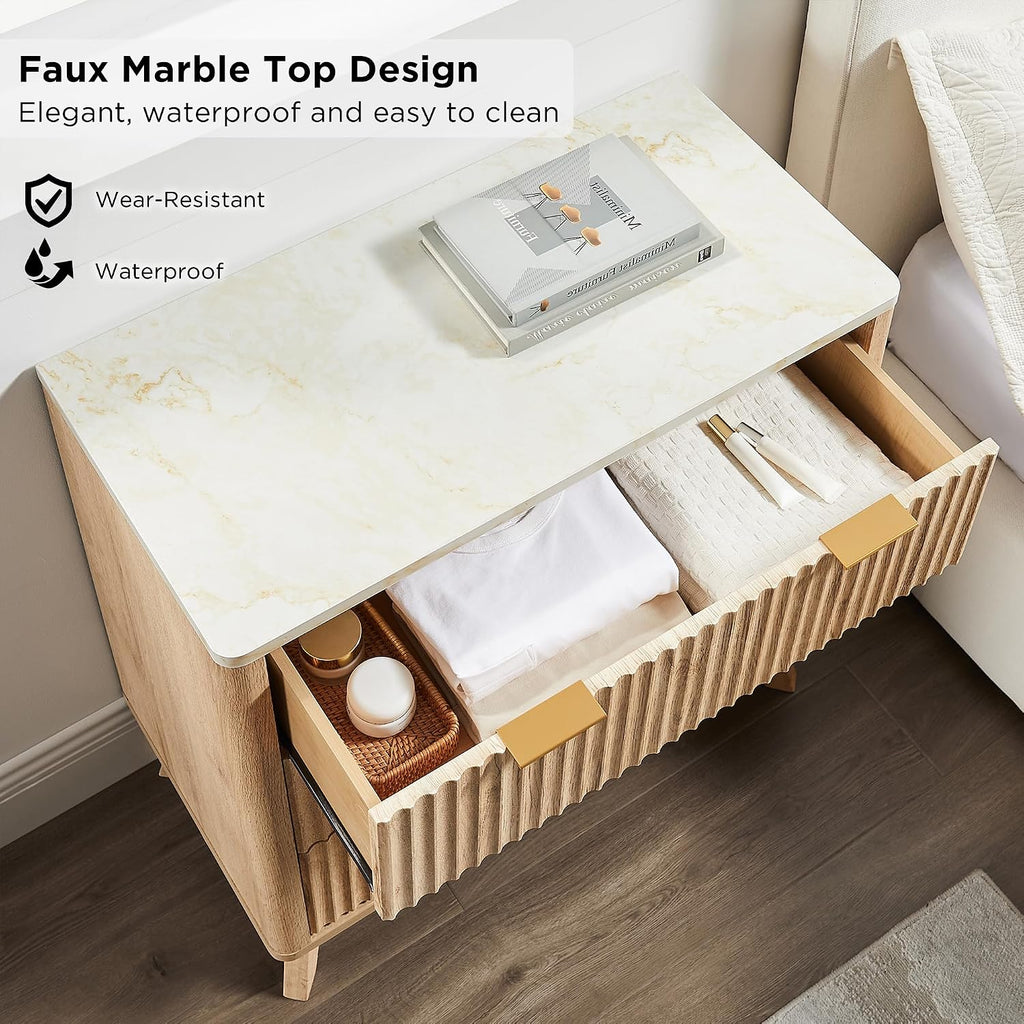 T4TREAM Fluted 3 Drawers Nightstand, Oversized Extra Large Modern Side Table with Faux Marble Top, End Table Bedside for Bedroom, Living Room, Curved Profile Design, Natural Oak | Fluted