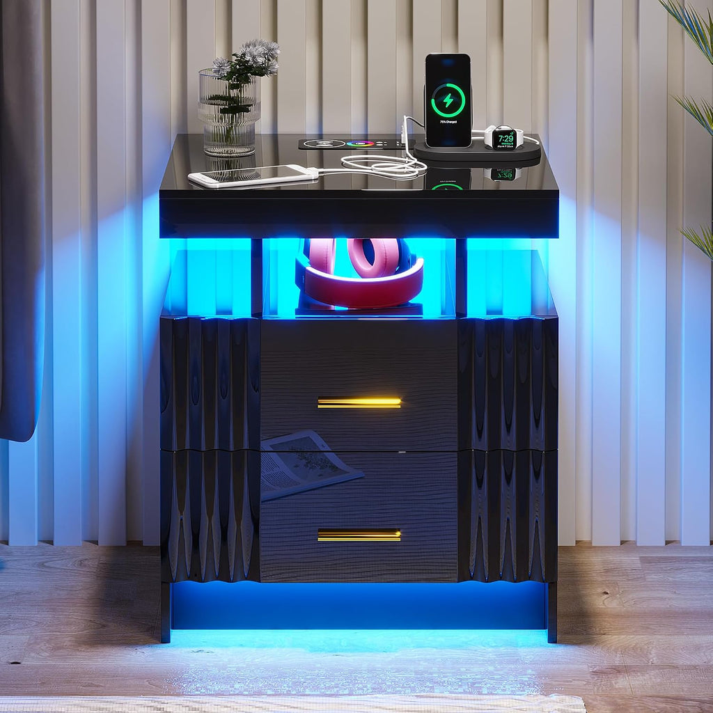 Nightstand with Wireless Charging Station, Bedroom Bedside Table with RGB Lights, Smart Night Stand with 2 Drawers, Bedside Tables Modern Bedside Table for Bedroom, Living Room(Black)