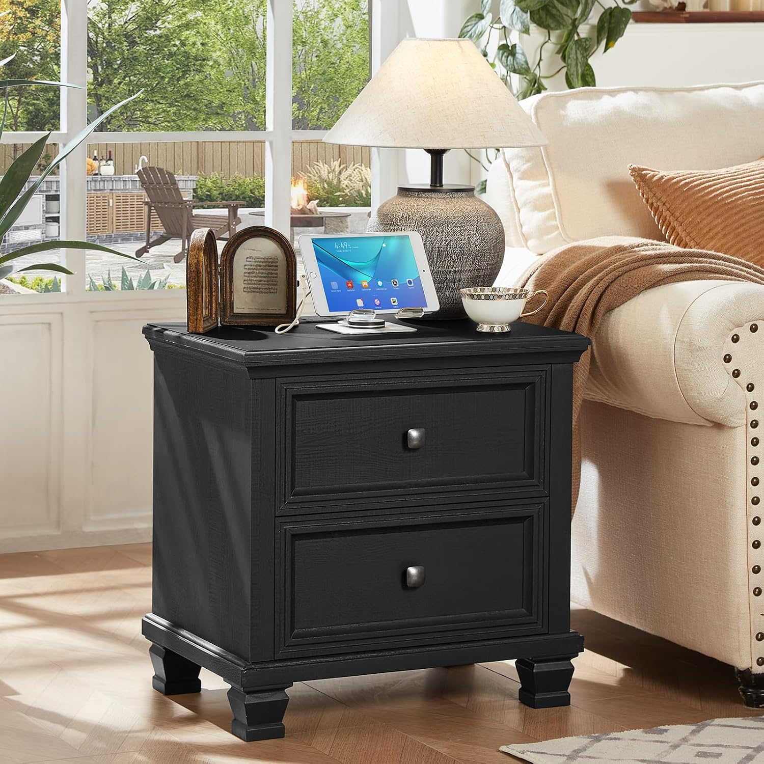 SAVOR LIFE Farmhouse Nightstand Set of 2, Rustic Low Nightstands with 2 Drawers & Charging Station, Vintage Night Stands with 4 Square Solid Wood Legs, Small Dresser for Bedroom, Home, Black