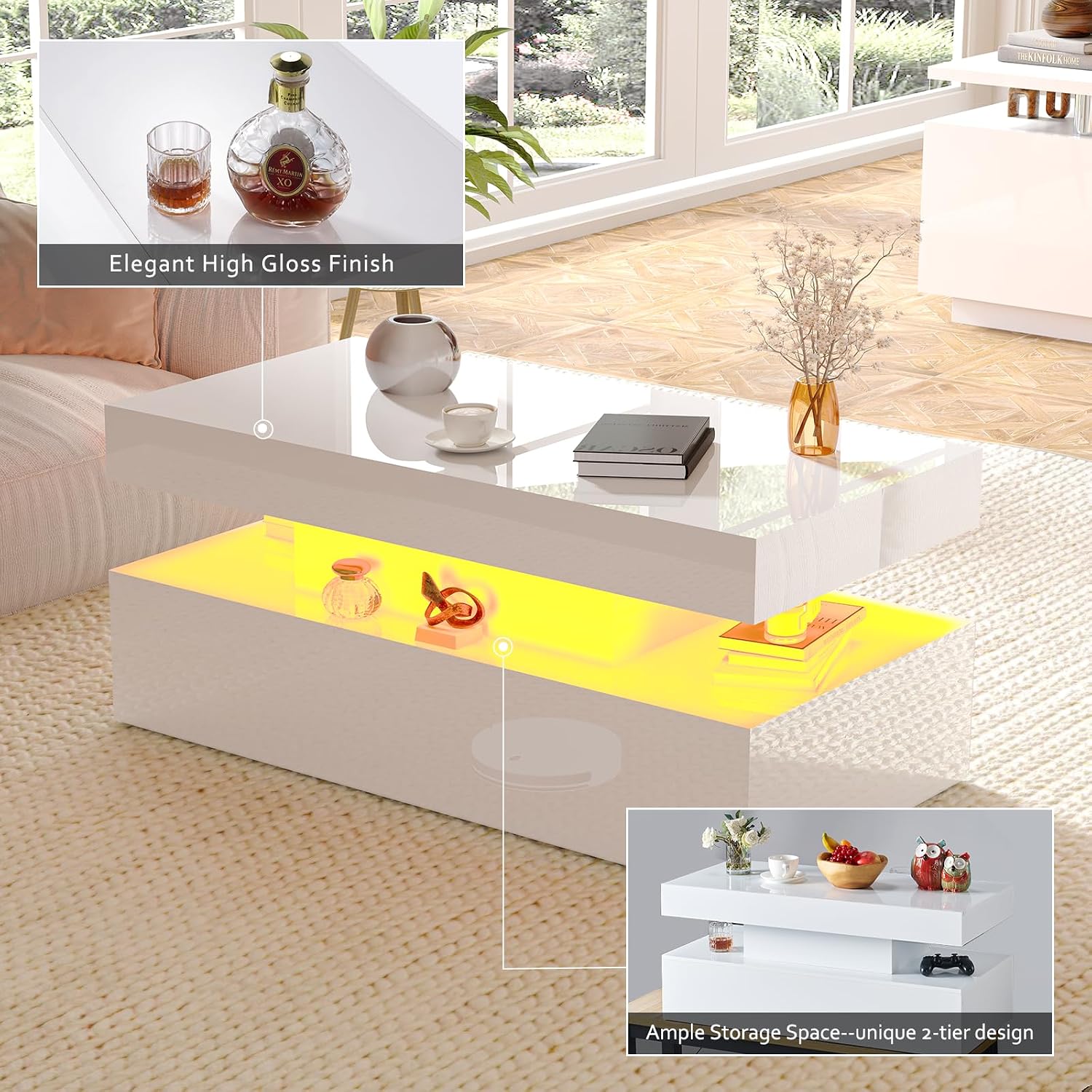 AMERLIFE 3 Piece Modern Living Room Table Set, Includes 80' High Gloss Fireplace TV Stand, 2-Tier Coffee Table, LED Lights Entertainment Center Set for Living Room, White