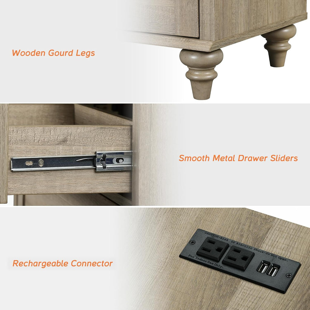 WAMPAT Set of 2 Wooden End Tables with Drawer and Storage Cabinet, Nightstands with Charging Station, Modern Farmhouse Living Room Side Tables, Wash Grey Bedside Table for Bedroom