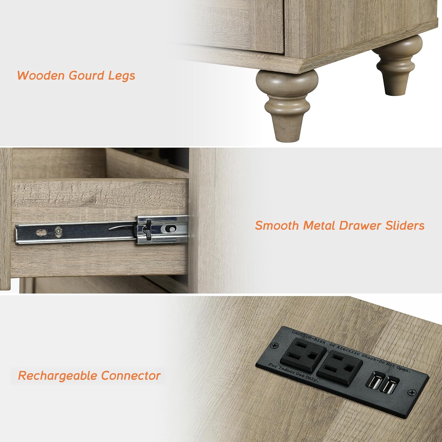 WAMPAT Set of 2 Wooden End Tables with Drawer and Storage Cabinet, Nightstands with Charging Station, Modern Farmhouse Living Room Side Tables, Wash Grey Bedside Table for Bedroom