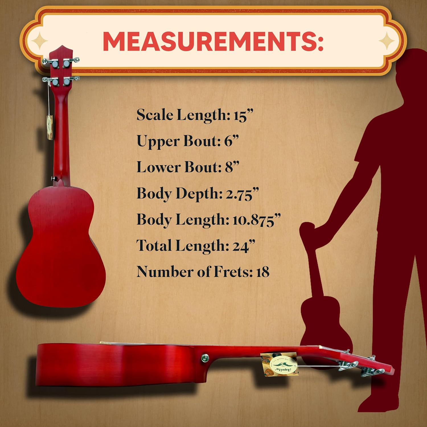 Bamboo Beach Concert Ukulele for Adults, Beginner and Professional Musical Instrument, Travel-Friendly with Gig Bag, Transparent Red