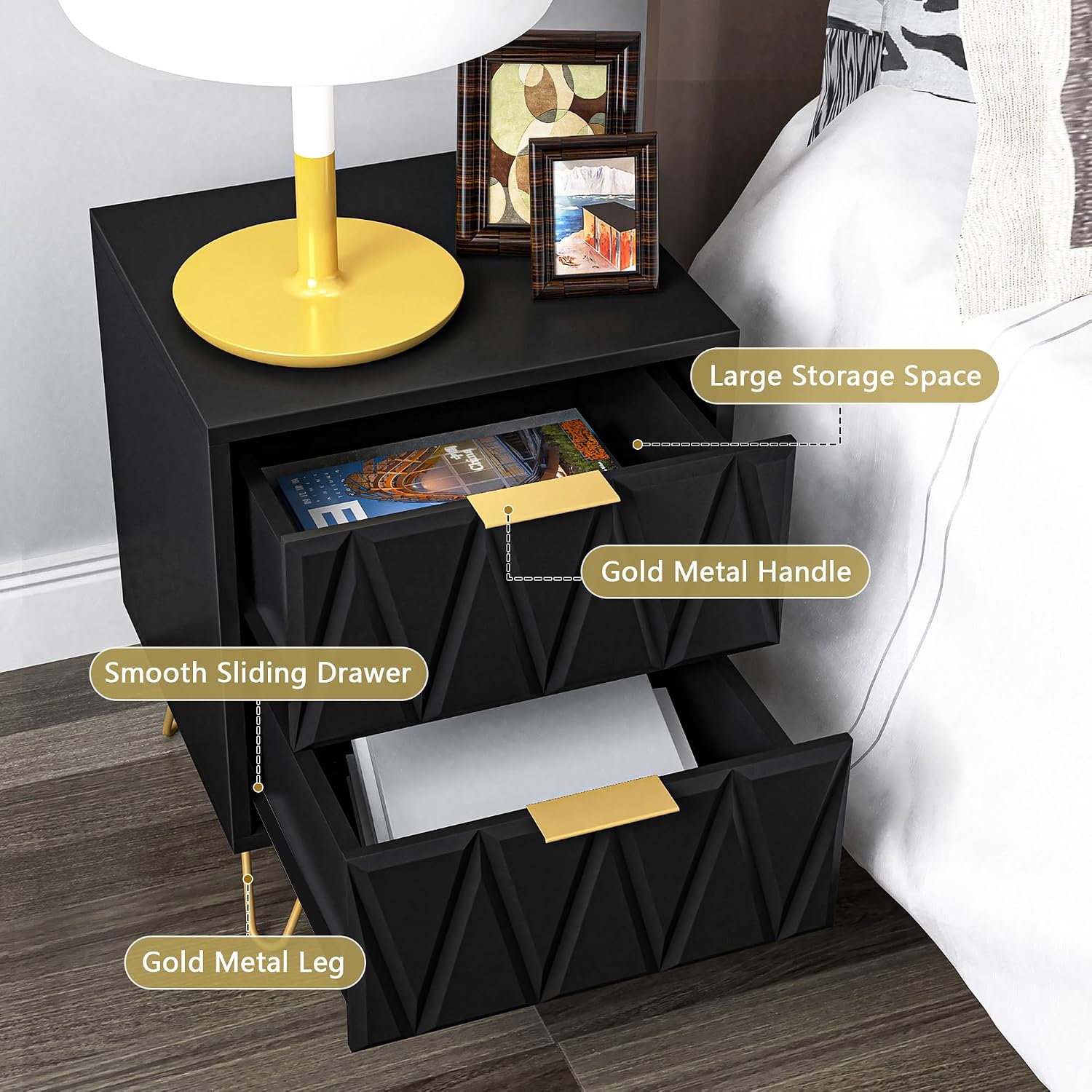 Spaco Black Nightstand Set of 2, Modern Bedside Tables Set of 2 with 2 Drawers for Bedroom, Night Stand with Gold Legs,End Side Tables for Living Room