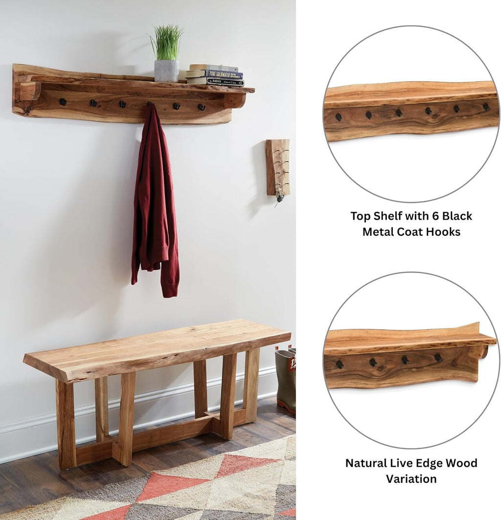 Alaterre Furniture Alpine Natural Live Edge Wood Coat Rack – 48' Solid Wood Wall-Mounted Coat Hook with Top Shelf & 6 Hooks – Modern Farmhouse Storage Organization for Entryway, Hallway, or Mudroom