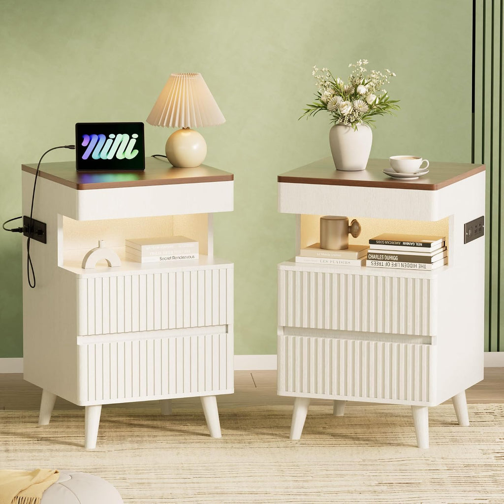 26' Tall Fluted Nightstand Set of 2 with Charging Station & LED Light, Modern End Table with 3 Storage Drawers and Pull-Out Tabletop, Wood Bedside Table for Bedroom, Living Room, White