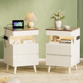 26' Tall Fluted Nightstand Set of 2 with Charging Station & LED Light, Modern End Table with 3 Storage Drawers and Pull-Out Tabletop, Wood Bedside Table for Bedroom, Living Room, White
