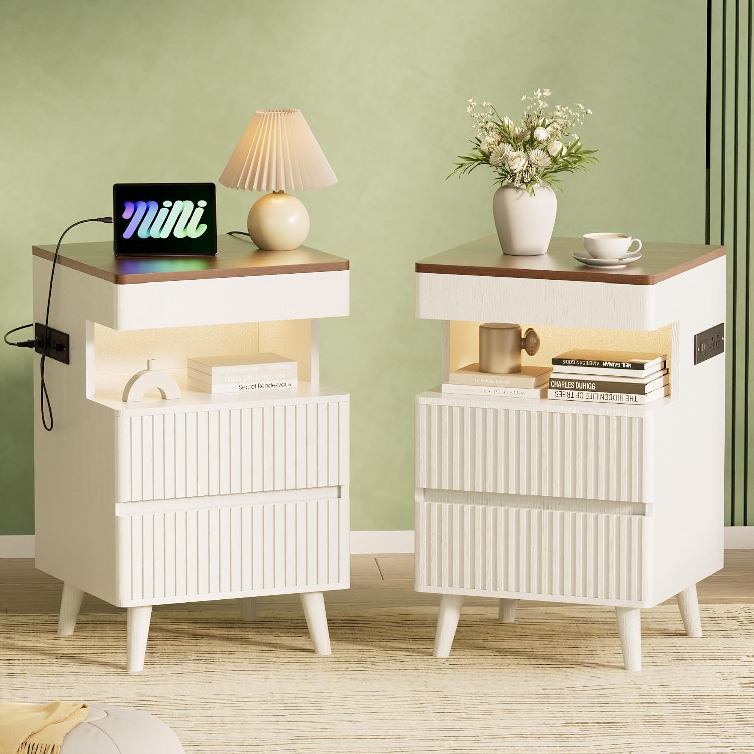 26' Tall Fluted Nightstand Set of 2 with Charging Station & LED Light, Modern End Table with 3 Storage Drawers and Pull-Out Tabletop, Wood Bedside Table for Bedroom, Living Room, White