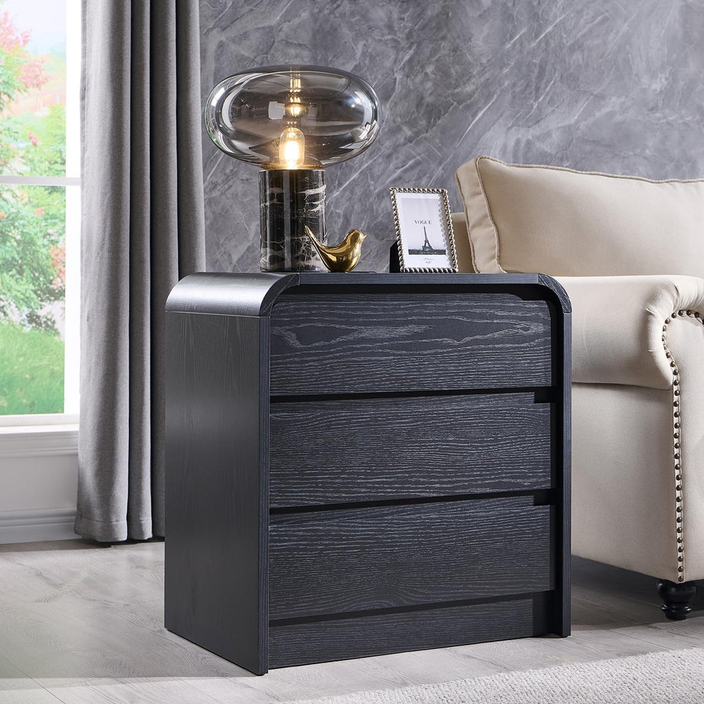 Aitjunz 25' Tall Modern Nightstand Set of 2, 23.6' Wide Wood Bedside Table with Charging Station, 3 Storage Drawers Side Table w/Curved Profile Design, End Table for Bedroom, Black