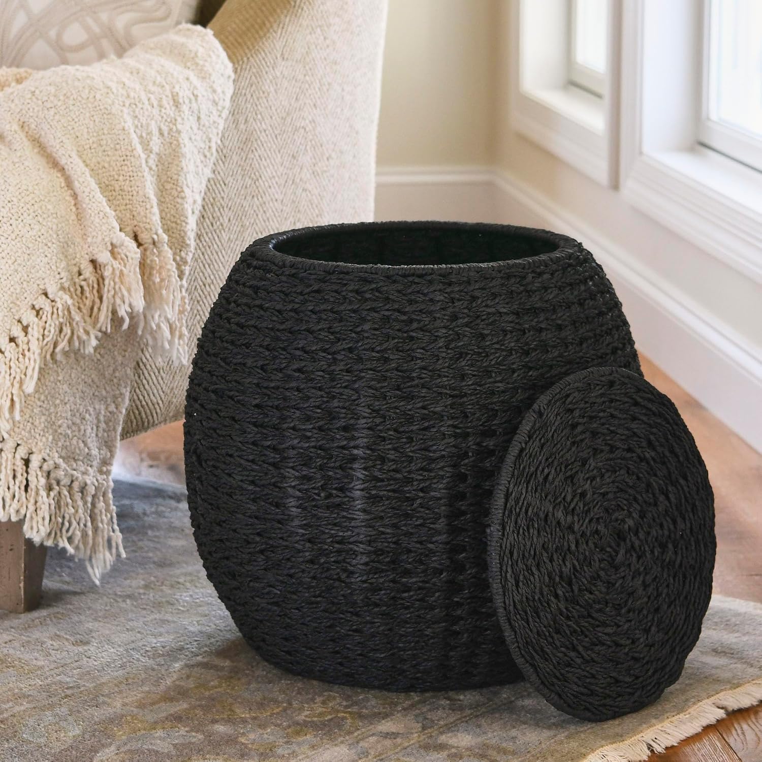 Household Essentials Handwoven Paper Rope Barrel Wicker Storage Basket Side Table, Black