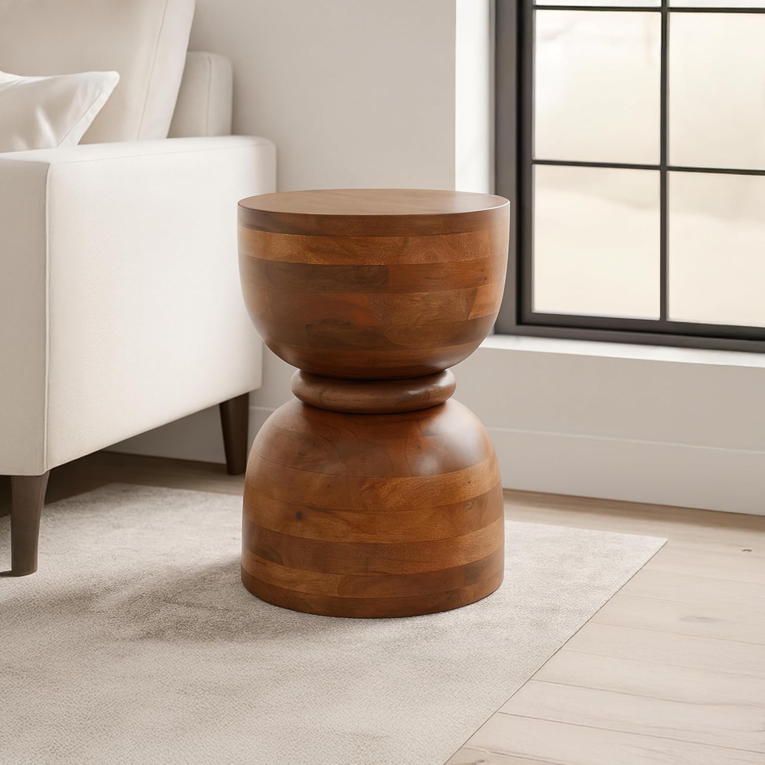 Brown Mango Wood Accent Table with Natural Wood Grain Finish – Unique Hourglass Round Side Table for Living Room, Bedroom, Office, & Home Decor – 13 x 18 Inches