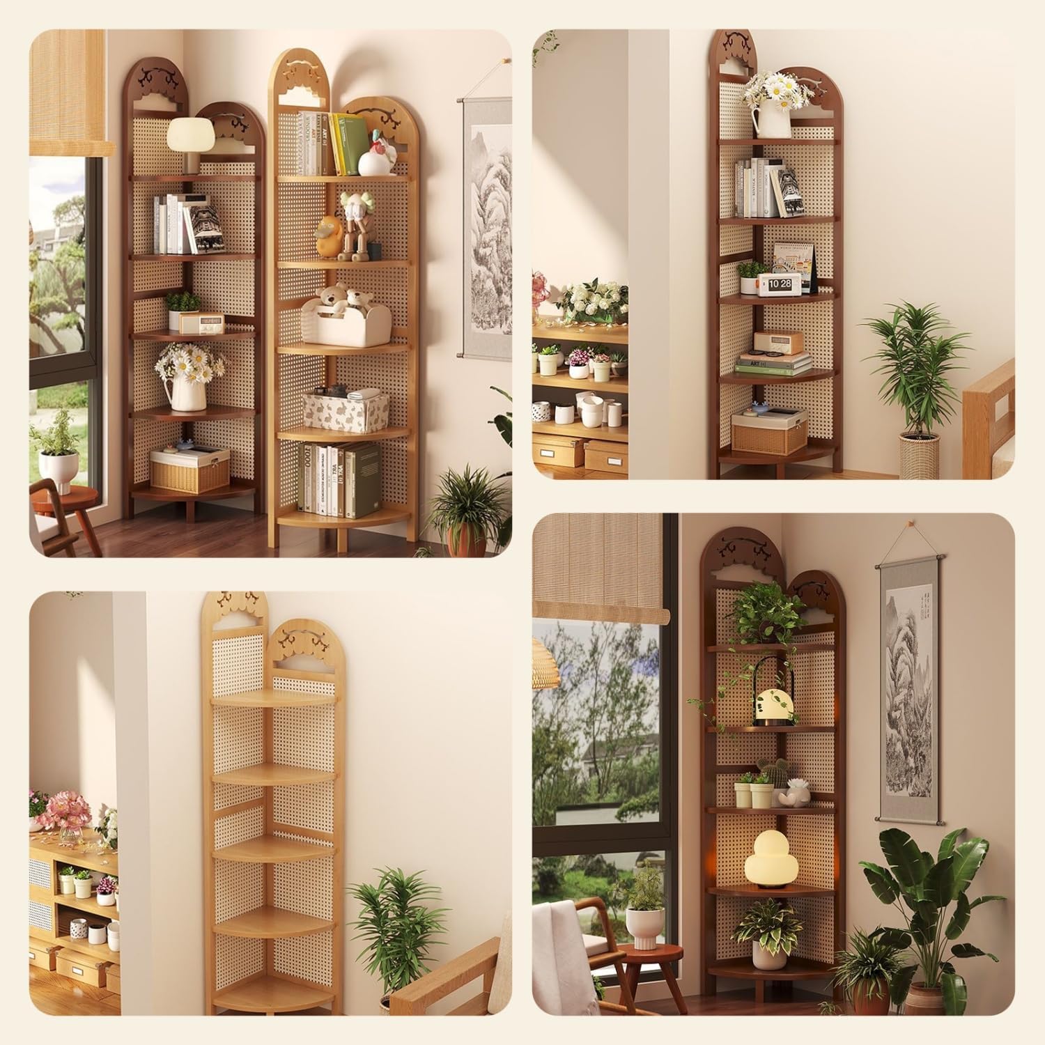 Carved Corner Shelf Multi-Layer Large-Capacity Corner Rack & Plant Stand for Living Room Study Bedroom Dining Balcony (Burlywood,12.9' L*12.9' W*66.7' H)