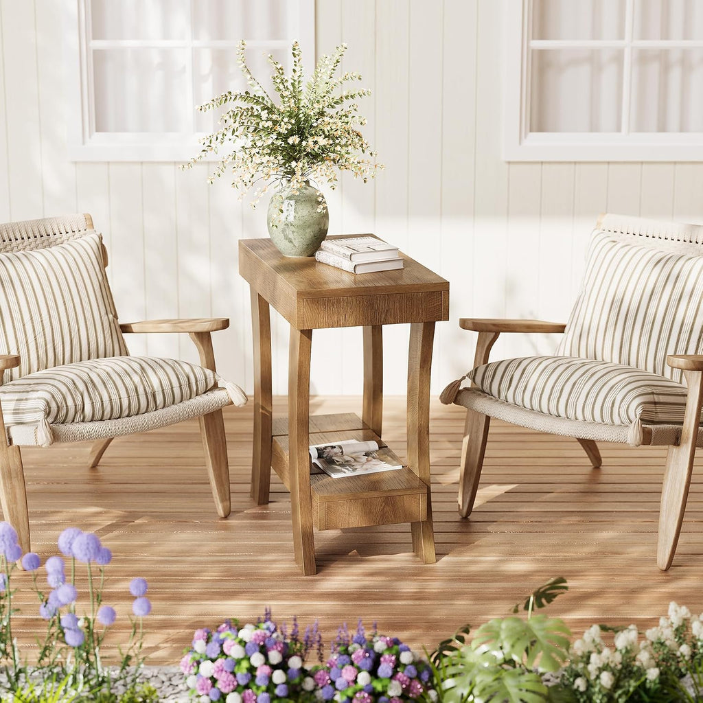 LITTLE TREE Narrow Side Table with Storage Shelf, Set of 2 Rectangular End Table with Wood Legs, Small Night Stand for Bedroom, Living Room, Small Spaces, 11.81' D x 23.62' W x 23.62' H
