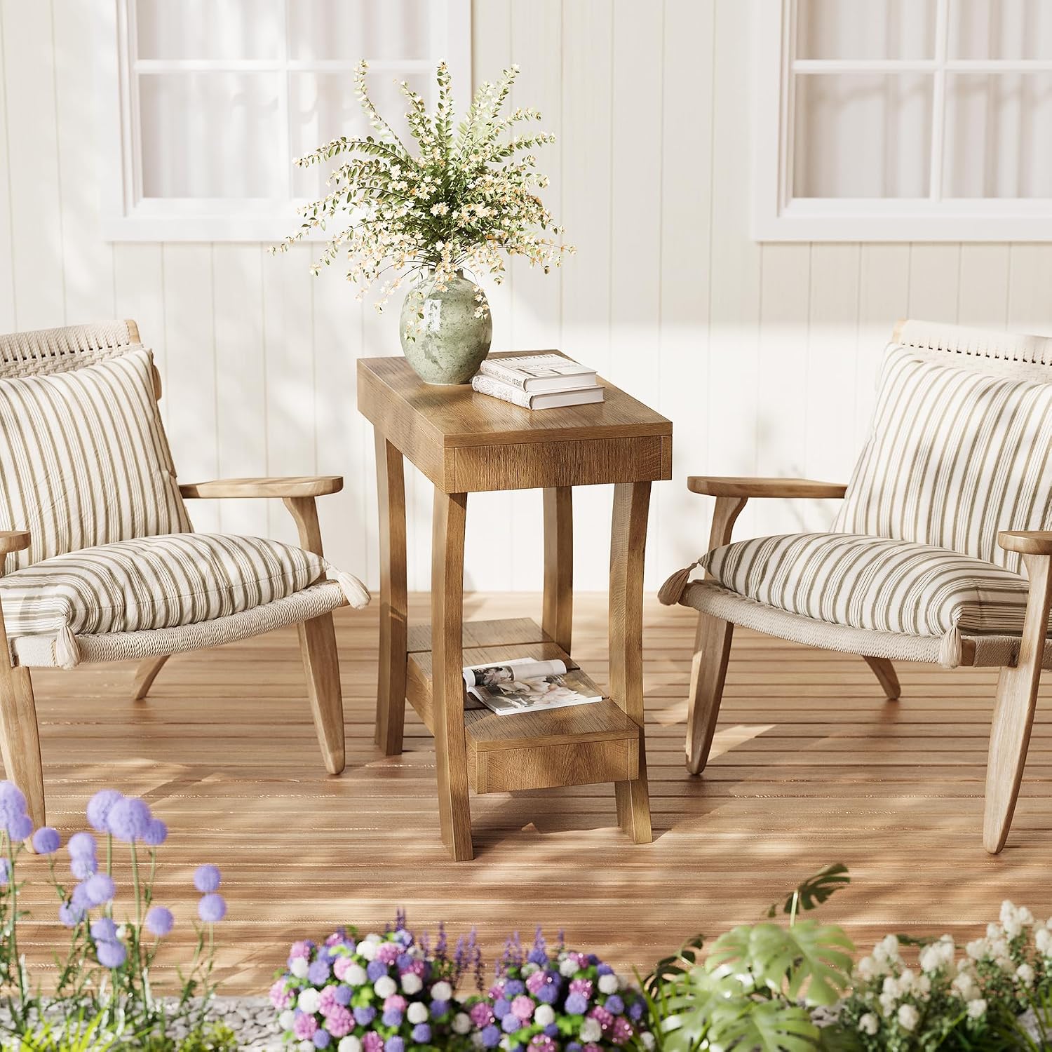 LITTLE TREE Narrow Side Table with Storage Shelf, Set of 2 Rectangular End Table with Wood Legs, Small Night Stand for Bedroom, Living Room, Small Spaces, 11.81' D x 23.62' W x 23.62' H