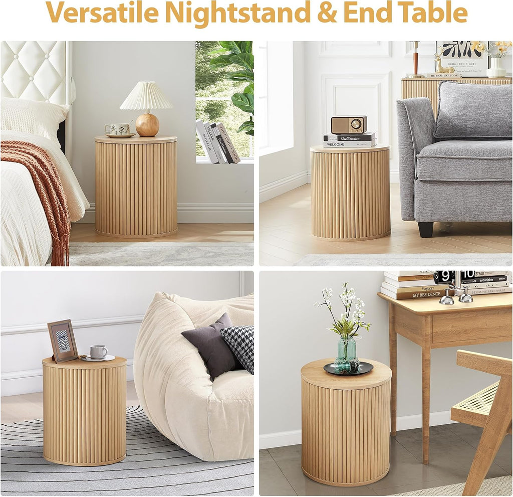 Round Fluted Side Table Set of 2, 15.7' Mid-Century Modern End Table with Storage, Wooden Bedside Table Round Nightstand Small Circle Sofa Accent Table for Living Room, Bedroom (Natural)