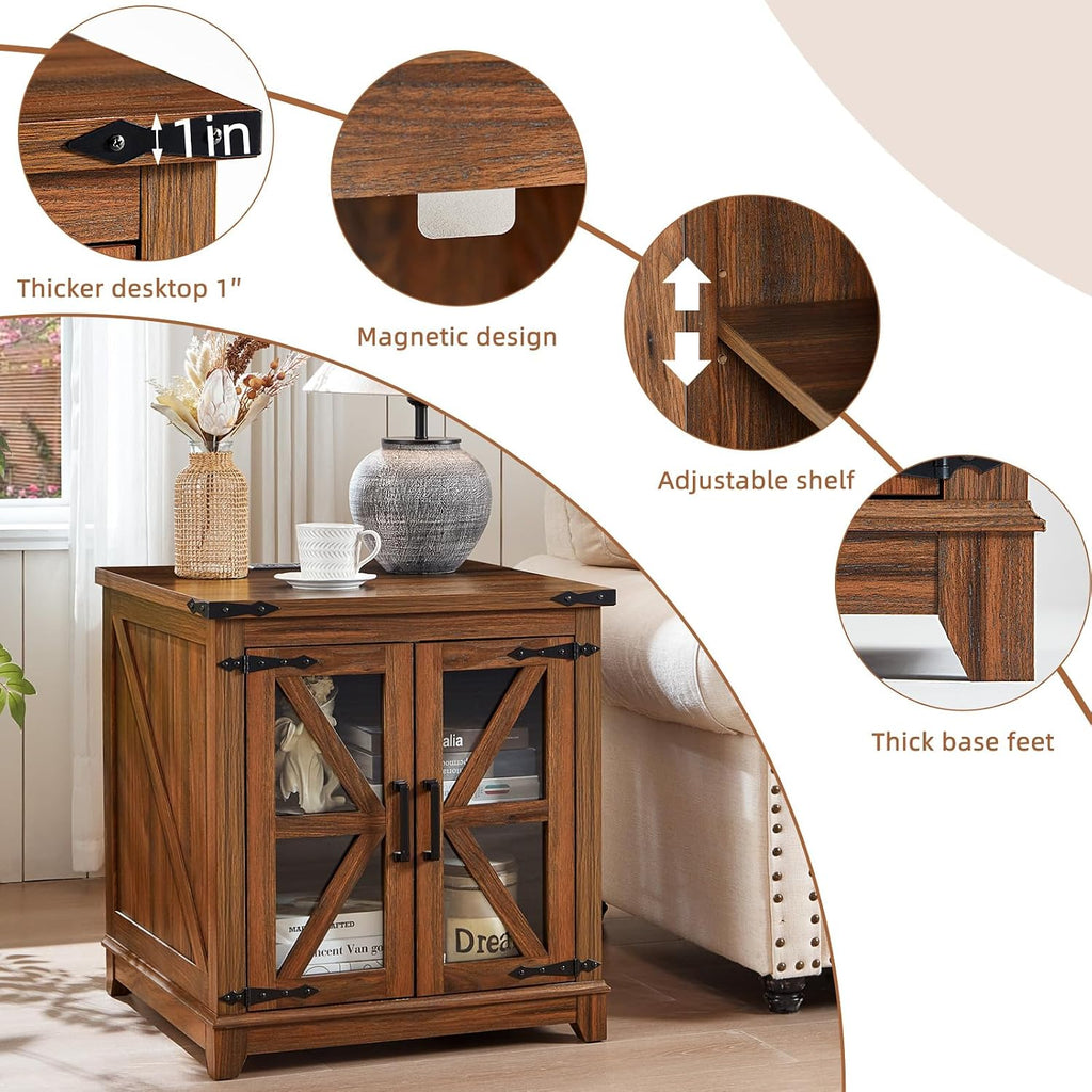 Joaxswe Farmhouse End Table with Charging Station Set 2, 24' Large Sofa Side Table with Glass Barn Door, Nightstand with Adjustable Storage Shelf,Wood Square Bedside Table for Living Room,Bedroom