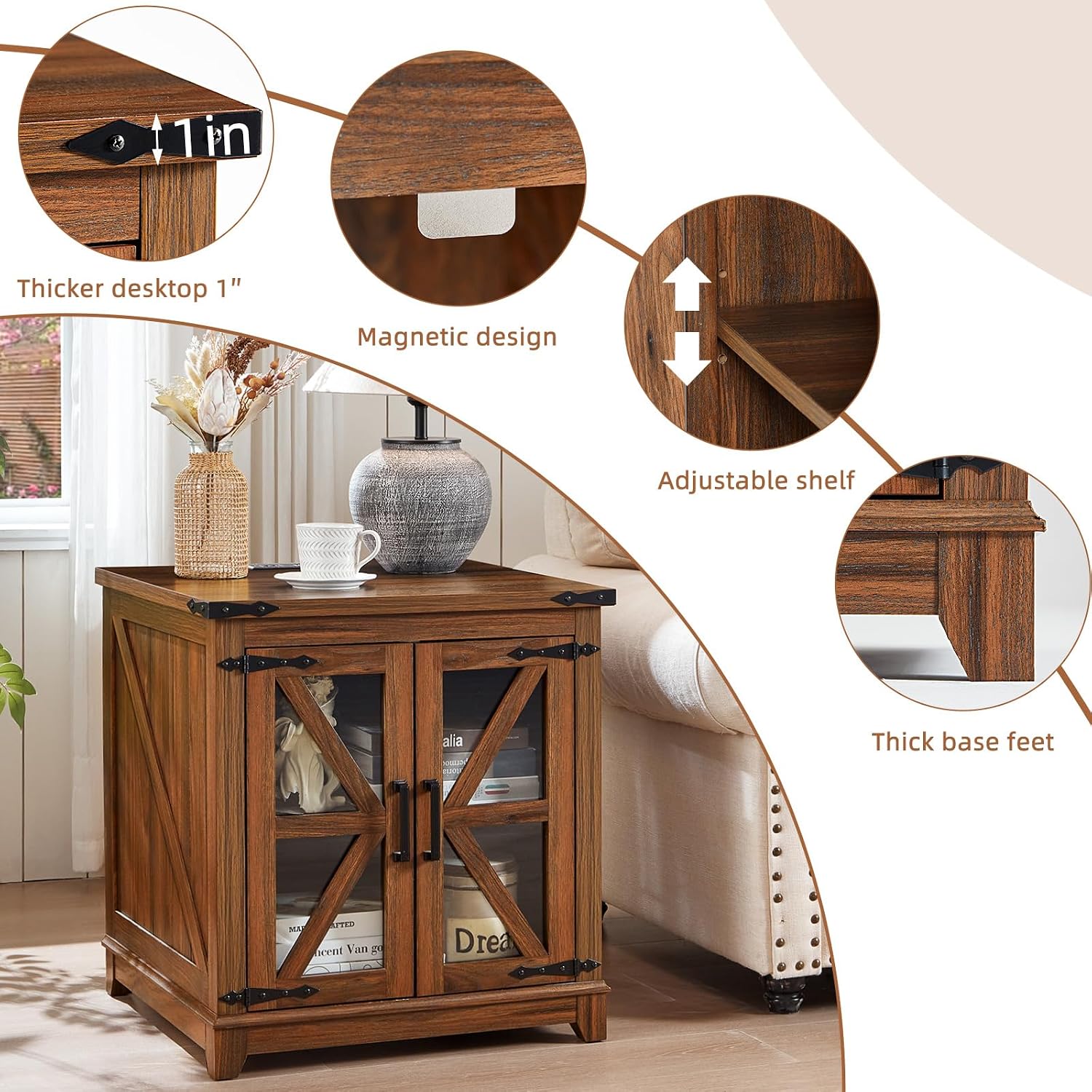 Joaxswe Farmhouse End Table with Charging Station Set 2, 24' Large Sofa Side Table with Glass Barn Door, Nightstand with Adjustable Storage Shelf,Wood Square Bedside Table for Living Room,Bedroom