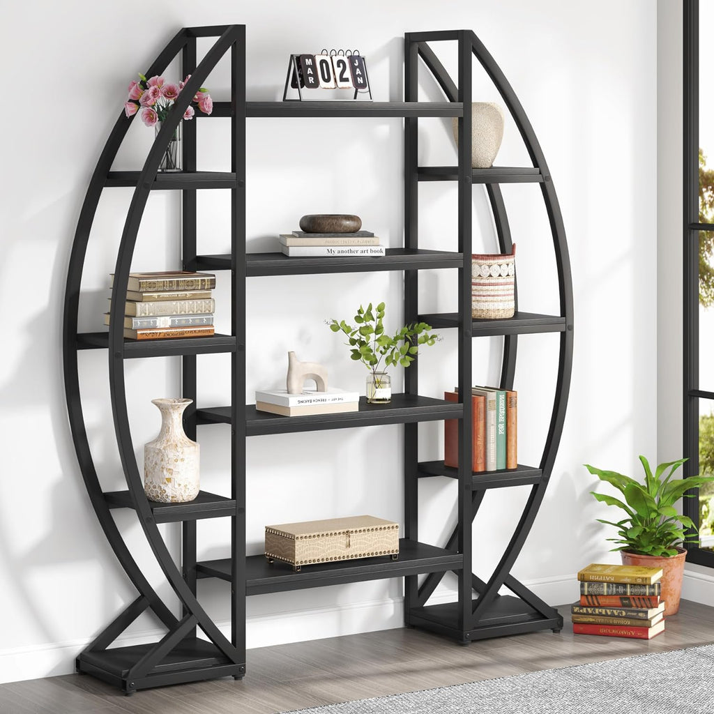 Tribesigns Oval Bookshelf, Triple Wide 5 Tiers Etagere Bookcases, Industrial Display Shelves for Living Room (55', Black)