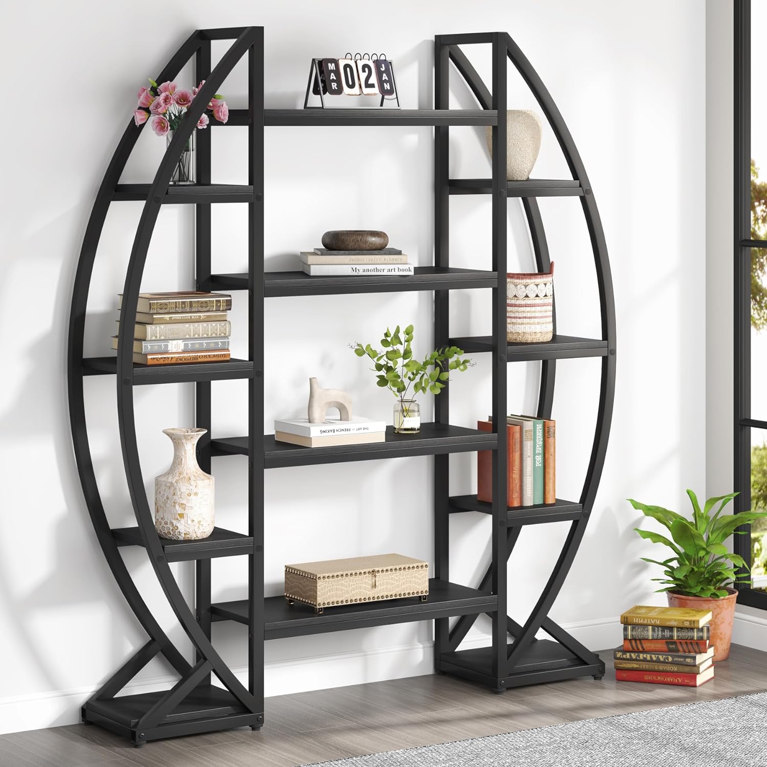 Tribesigns Oval Bookshelf, Triple Wide 5 Tiers Etagere Bookcases, Industrial Display Shelves for Living Room (55', Black)