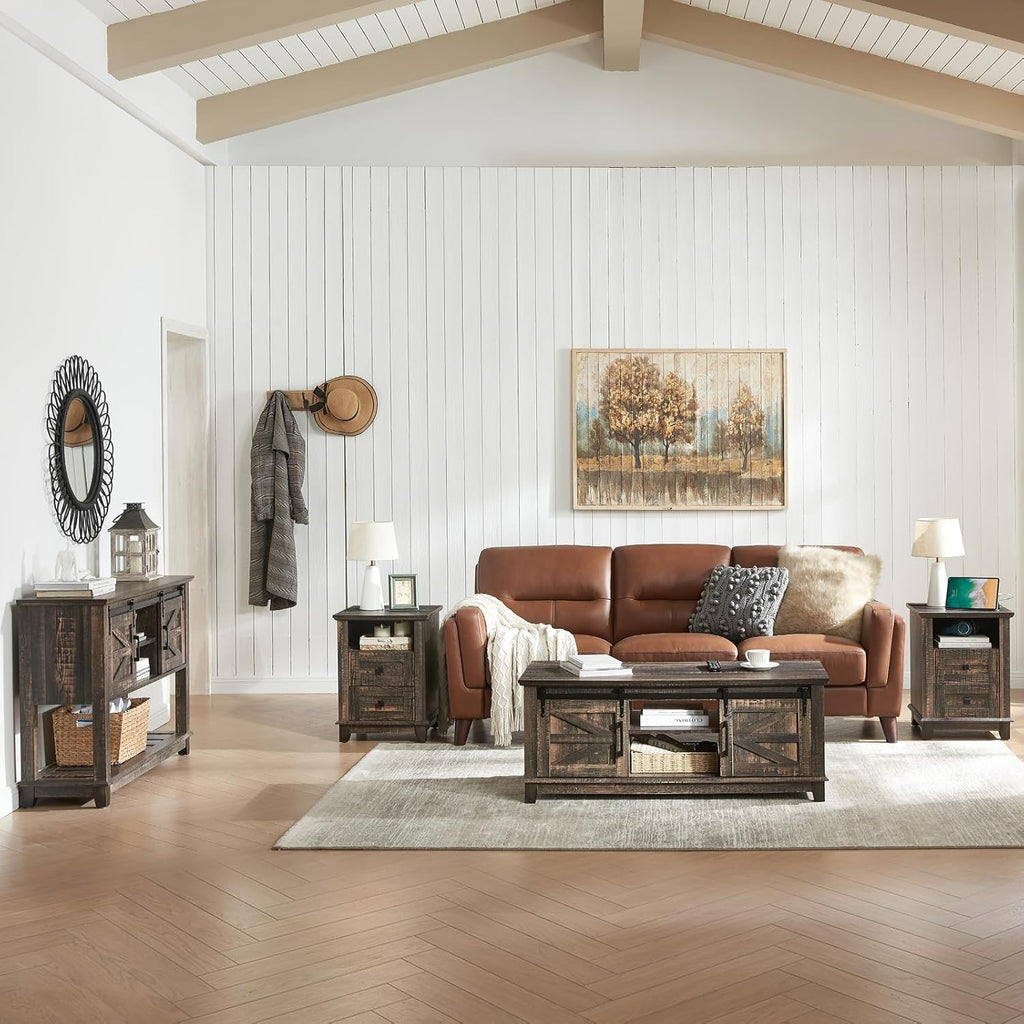 AMERLIFE Farmhouse 4-Piece Living Room Set, Entryway Console with Adjustable Shelves, Pair of 18' End Tables with Charging Station, Rectangular Coffee Table with Sliding Barn Doors, Rustic Oak Black