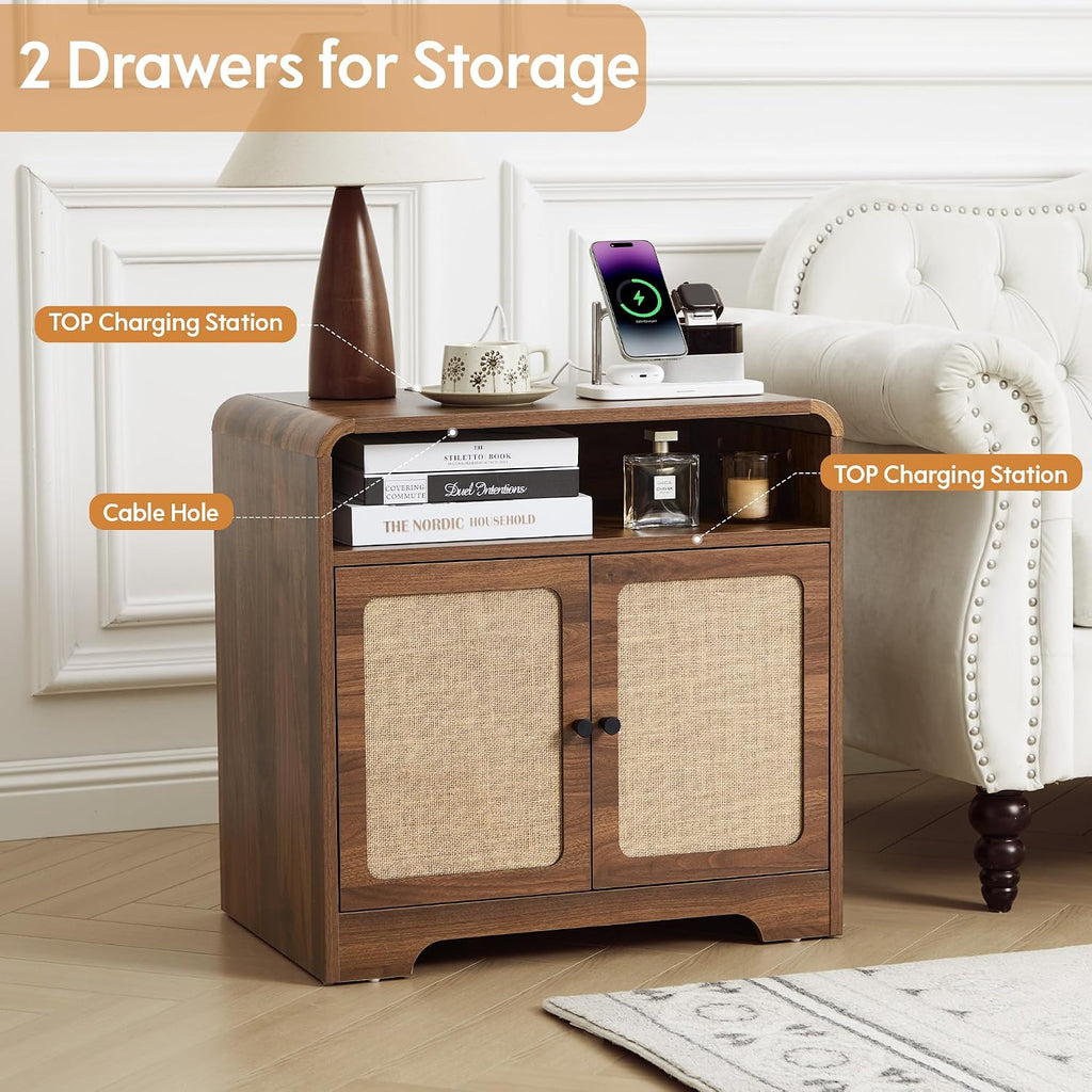 24' Nightstand Set of 2, Large End Table with Door & Charging Station AC + USB + Tpye-C, Mid-Century Farmhouse Linen Decor Night Stand Side Table for Living Room Sofa Couch Side, Bedroom Bedside