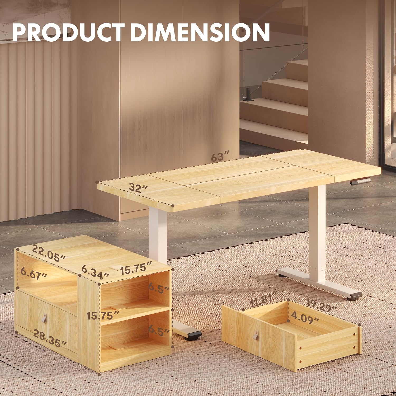 FLEXISPOT L Shaped Executive Standing Desk with Drawers, Large Electric Height Adjustable Desk, Sit Stand Desk for Home Office and Workstation, Mobile Cabinet (63'x32' White Wood Grain)