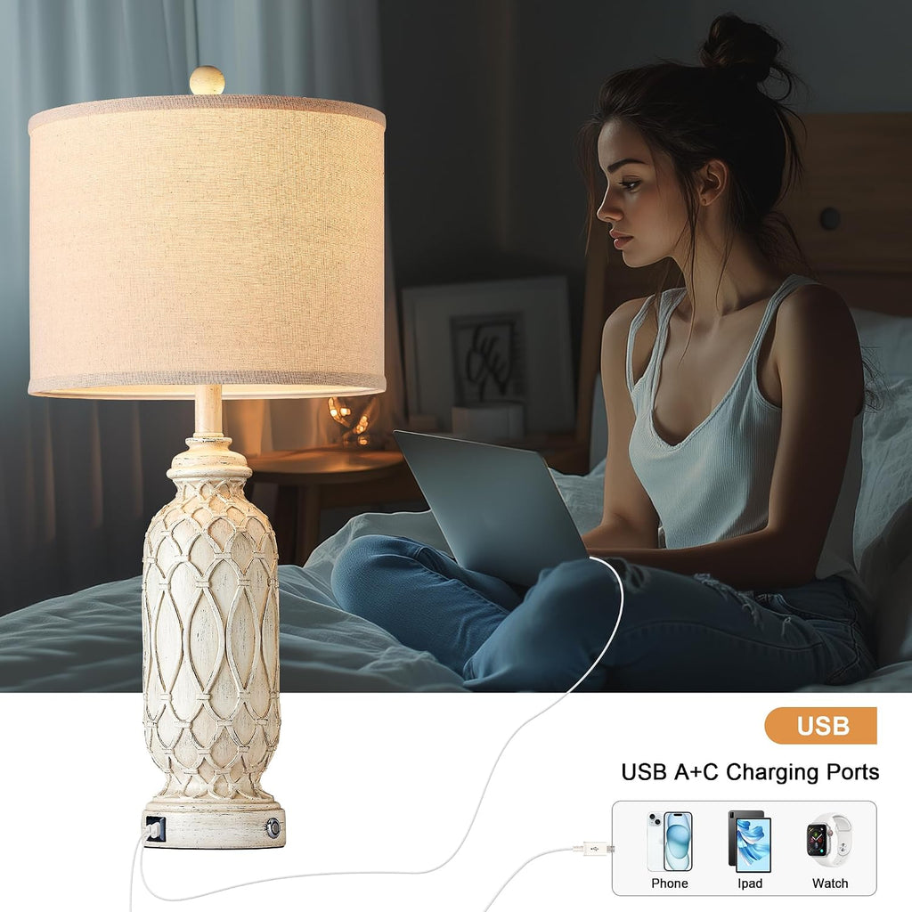 Farmhouse Lamps for Living Room Set of 2, 28' Table Lamps for Bedroom with USB A+C Charging Ports, Touch Lamps for Nightstand, 2 Bulbs Included